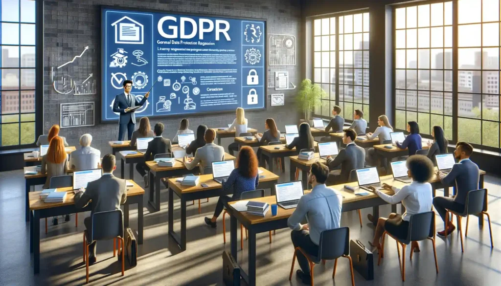 Een collegezaal waar de GDPR AVG wet onderwezen wordt