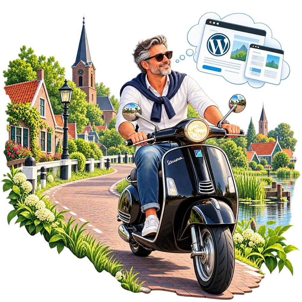 Getekende man op een scooter over een dorpsweg
